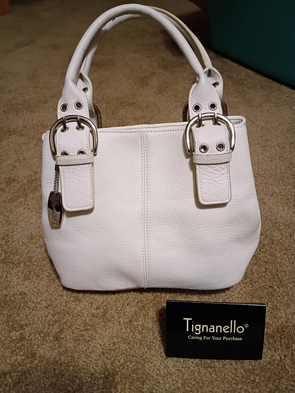 Tignanello White Pebble Leather Satchel with Buckle Accents